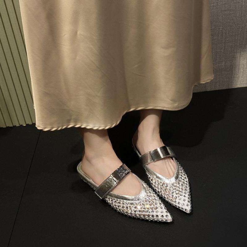 Rhinestone Mesh Wrapped Slippers Summer New Pointed Toe Cutout Breathable One Strap Non-Slip Low Heel Shoes