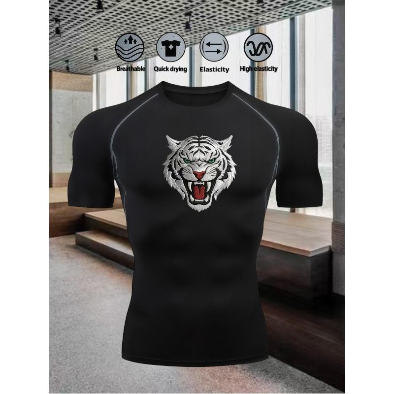 Herren Kompressionsshirt Schnelltrocknend Weiß Fitnessstudio T-Shirt Brüllender Weißer Tigerkopf Aufdruck Workout Sportbekleidung