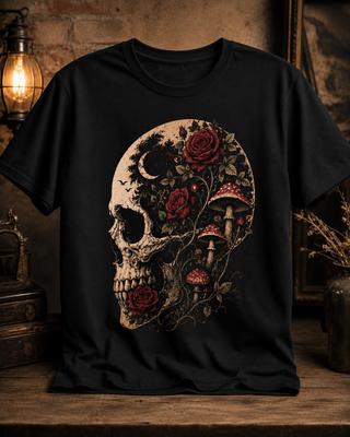 Gothic Skull Rose Mushroom T-Shirt, Dark Botanical Floral Graphic Tee