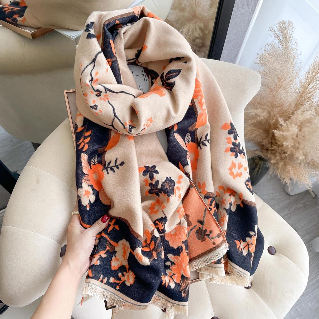 Szalik Damski Imitacja Kaszmiru, Szal Dwustronny w Kwiaty w Stylu Retro Chińskim, Gruby i Ciepły