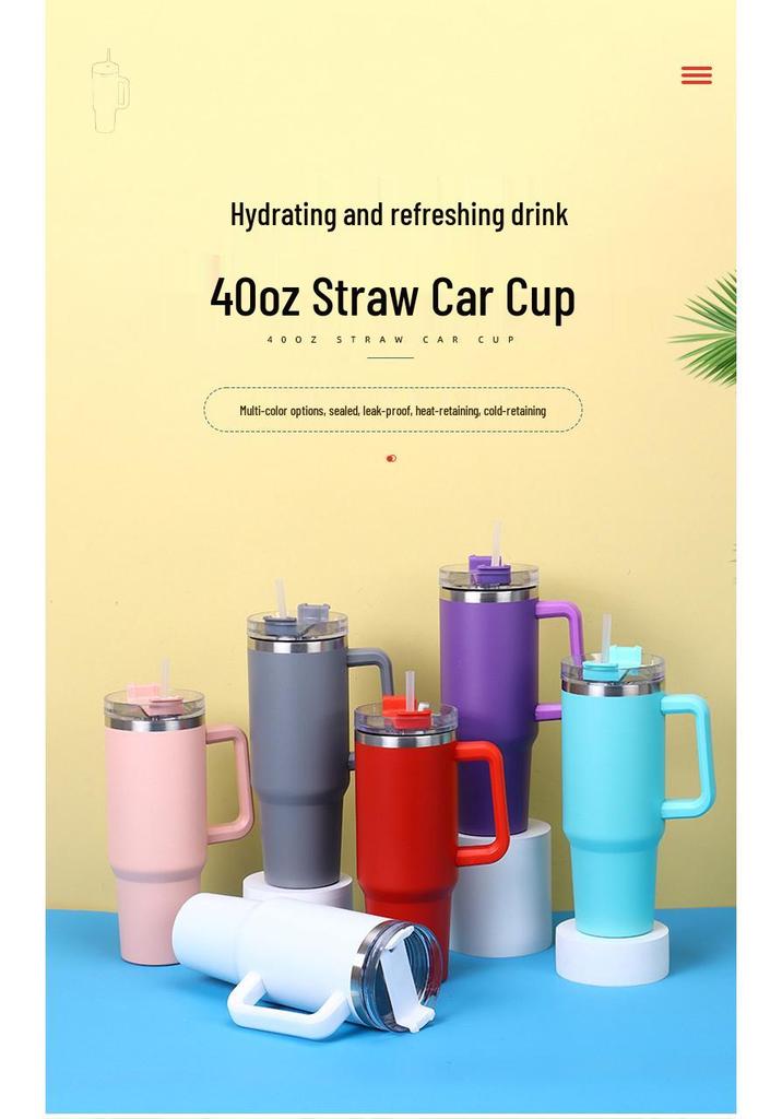 Large Capacity Insulated Stainless Steel Car Cup with Handle and Straw - Double Layer for Cold Retention (Ice Buster)
