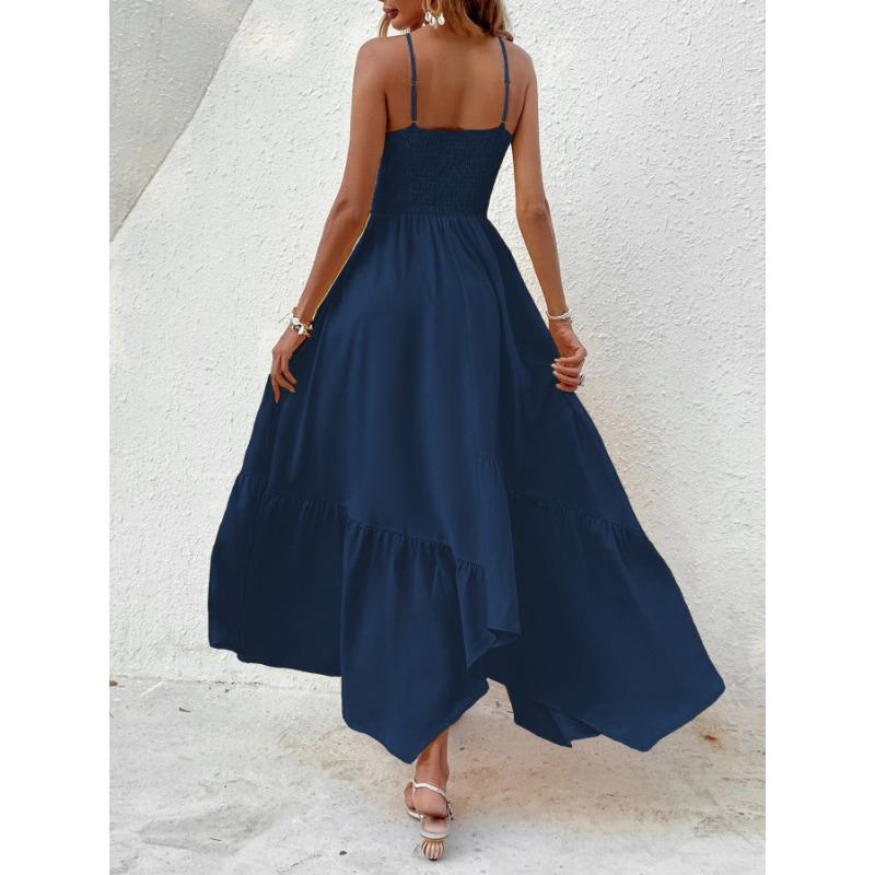 Damen Smocked Neckholder Maxikleid Ärmellos A-Linie Lässig Sommer Sonnentuchkleid