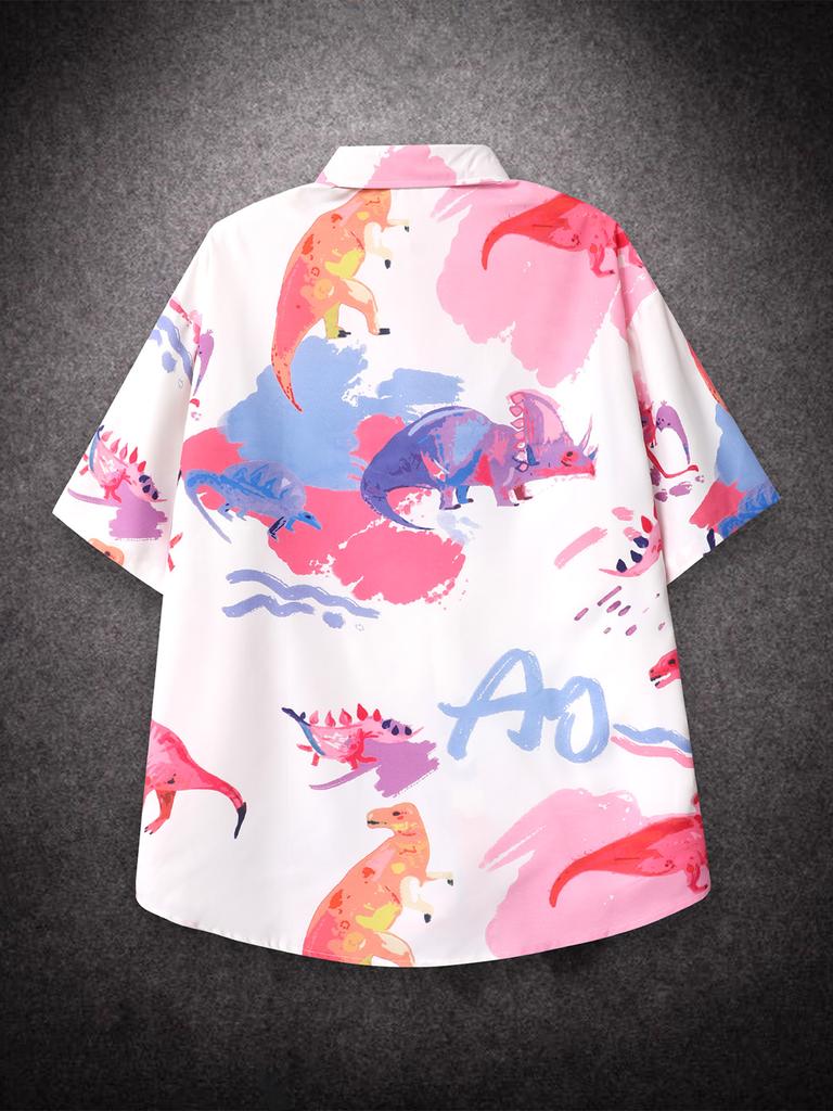 Oversized Loose Dinosaur Printed Short Sleeved Shirts for Men Summer Casual Shirt Trendy Versatile Streetwear for Male
