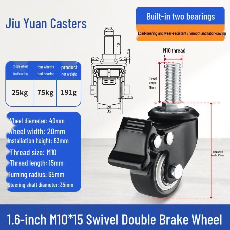 Black Heavy-Duty Swivel Casters with Brakes for Furniture, Cabinets & Industrial Use, Double Bearing Wheels