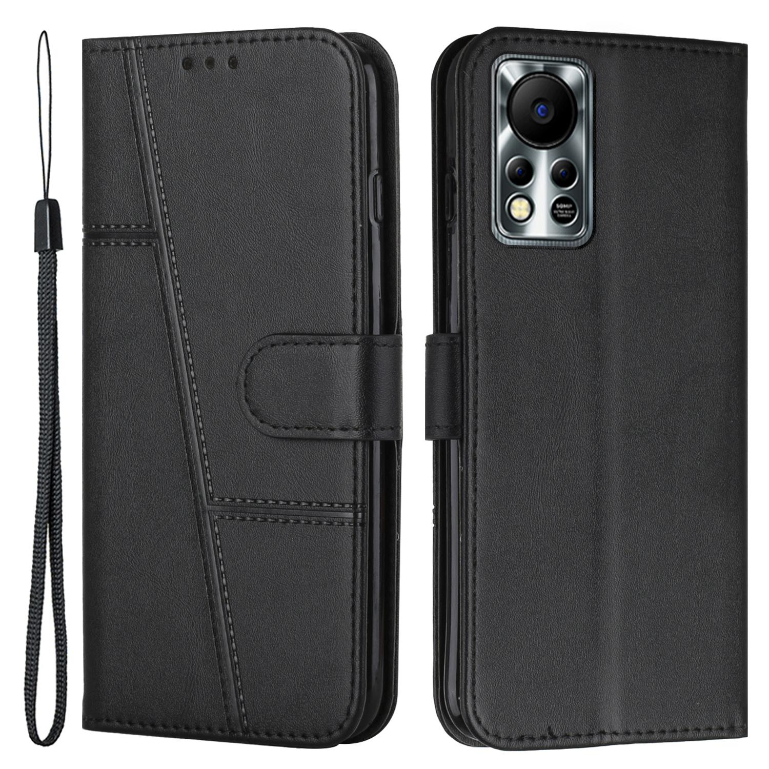 

For Infinix Hot 11s NFC 4G Stitching PU Leather Flip Phone Case Stand Full Body Protective Wallet Cover with Strap Black