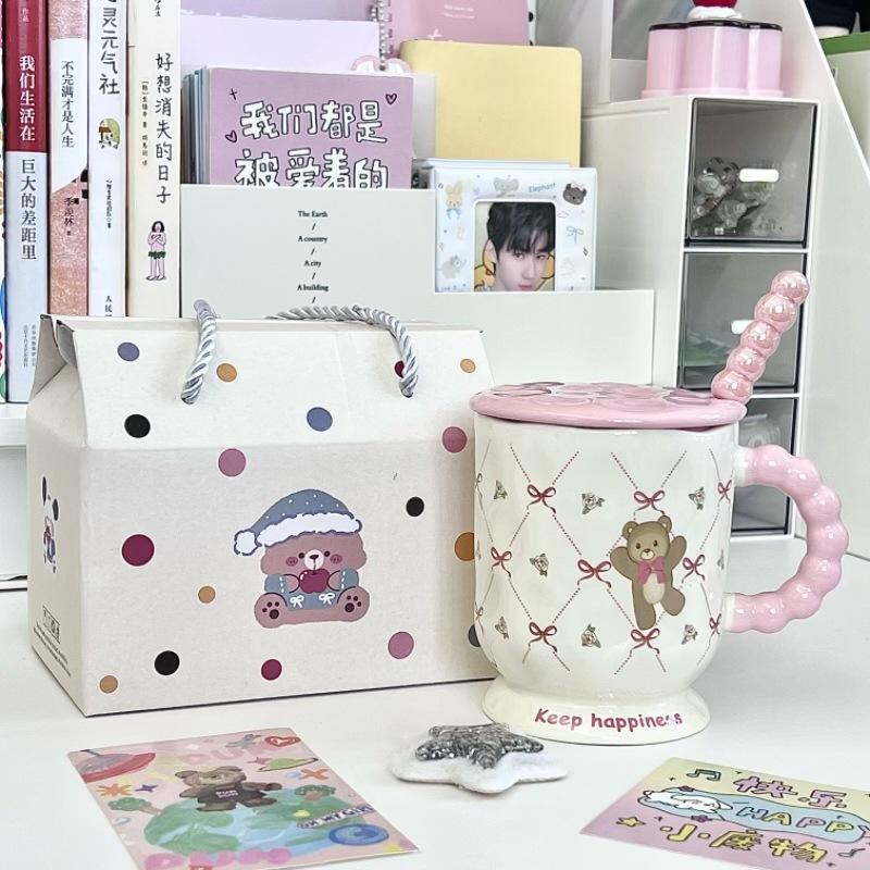 High Looking Cute Little Bear Goblet Cartoon Ceramic Mug with Lid Spoon Girl Coffee Cup Birthday Gift