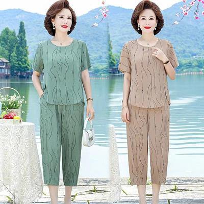 Women's Summer Design Loose Plus Size Suit Middle-aged and Elderly Casual Comfortable Short-sleeved Top + Pants Two-piece Set
