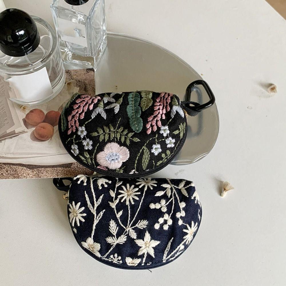 Cute Embroidery Storage Bag Flower Ethnic Coin Purse Cotton Linen Card Holder Small Cosmetic Bag Student