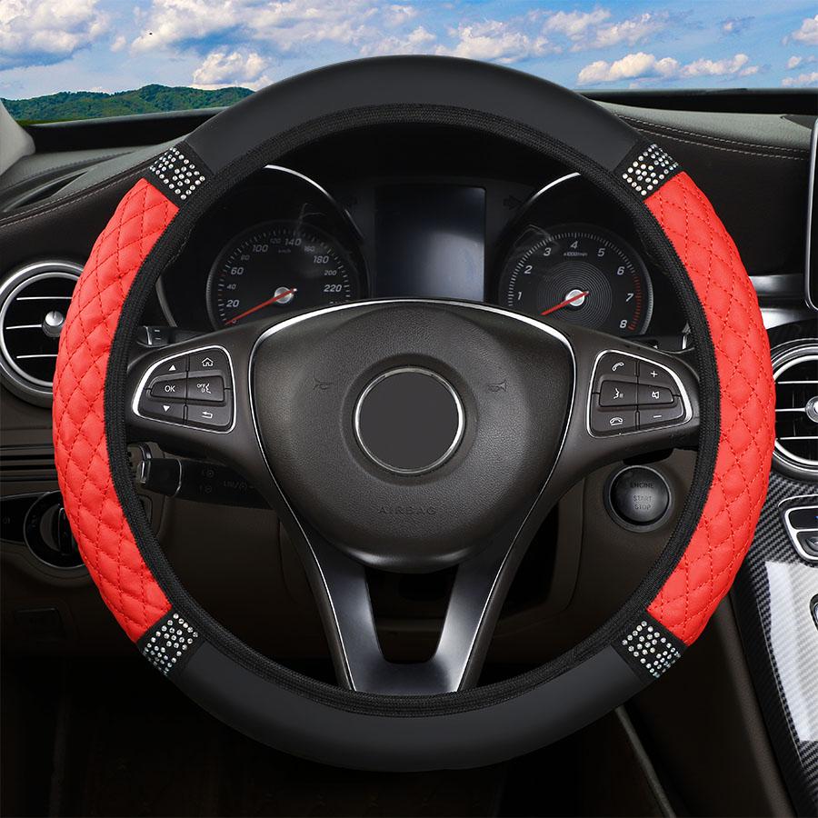 Universal Car Steering Wheel Cover 37-38cm Leather Embroidered Color Diamond-Studded Elastic Four Seasons Steering Wheel Cover