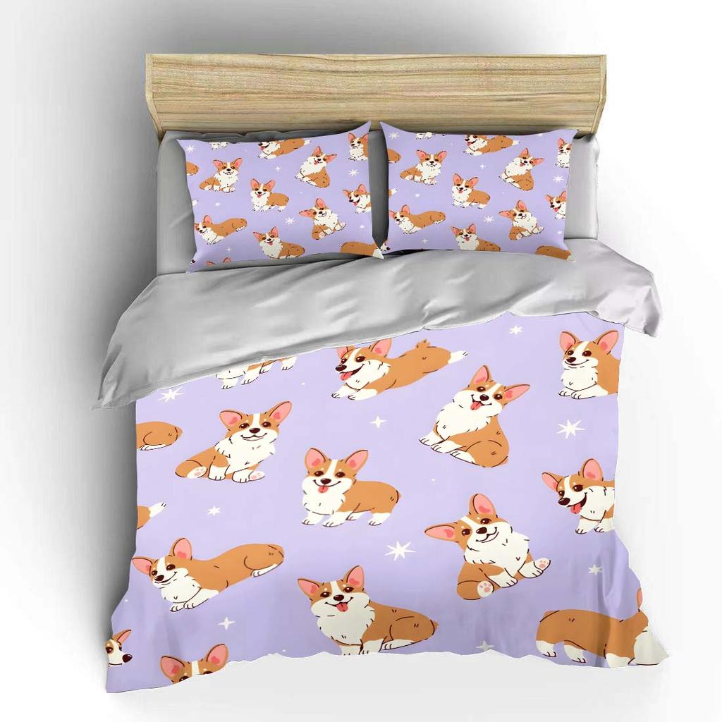 Cartoon corgi pattern purple background Print Bedding Set 1 Duvet Cover 2 Pillowcases for Adult Children Luxury Gift Full Size
