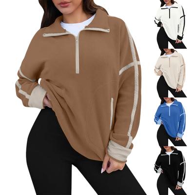 Camisola Feminina de Cor Sólida com Gola Semi Alta, Camisola Casual Solta com Zíper