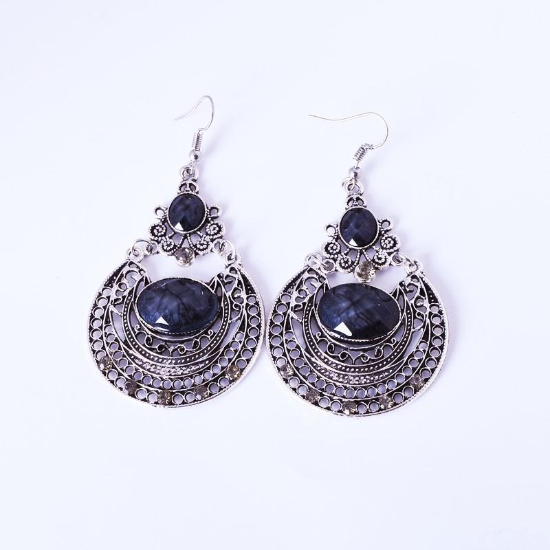 European & American Bohemian Gemstone Pendant Earrings with Retro Hollow Carving