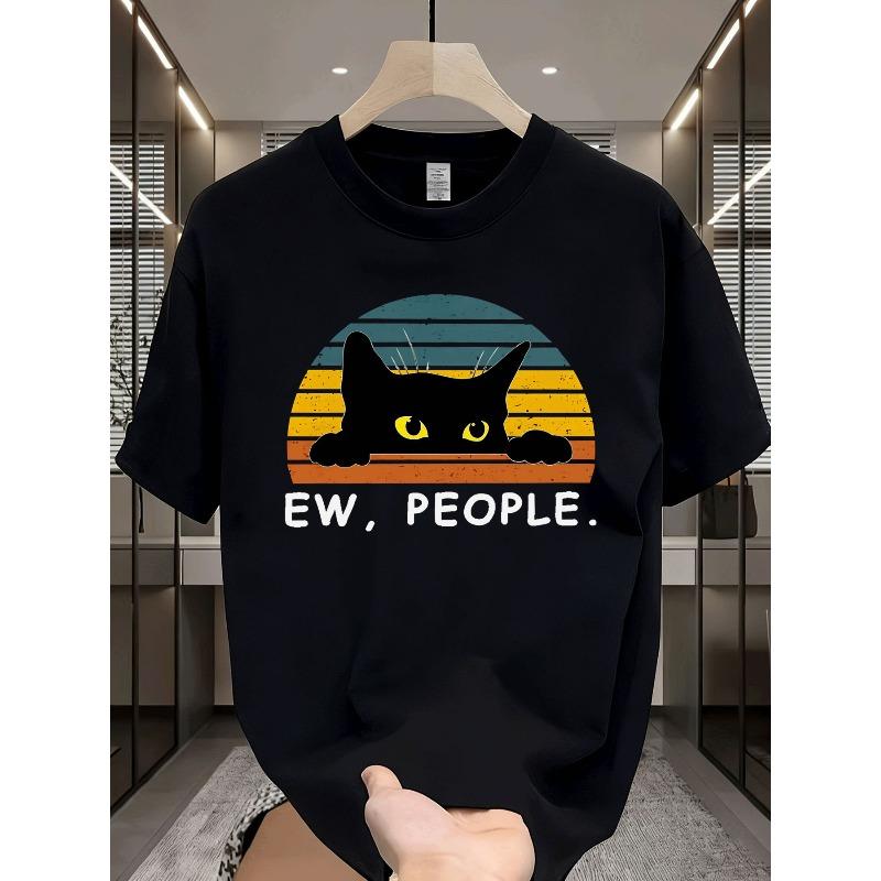 

Men S Classic Casual T-shirt | Black Cat Peeking Retro Sunset Graphic Ew People Print, Fashion Casual Wear, Crew Neck, Slight Stretch Fabric 4XL чорний