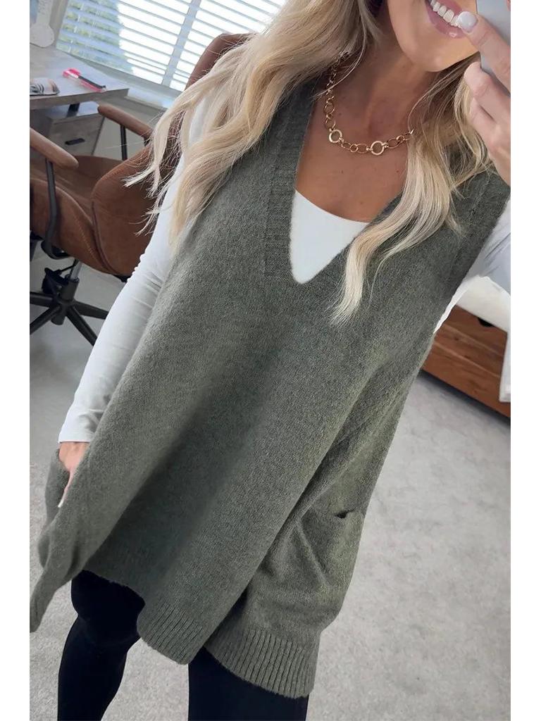 

Осень/зима однотонный свитер-жилет с V-образным вырезом и карманом 2025 Extra Large темно-зеленого