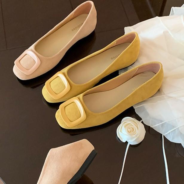 Sheepskin Version~ Gentle Wind Leather Square Head Shallow Mouth Single Shoes Women's New Versatile and Not Tired Foot Square Buckle Commuter Flats