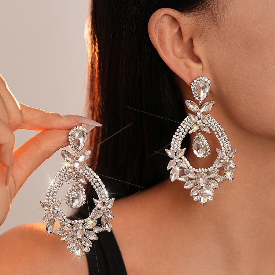 Super flash diamond-set flower water drop silver needle earrings personality exaggerated temperament ins earrings