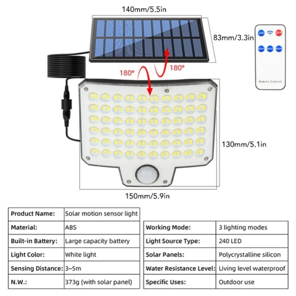 240LED Outdoor Solar Motion Sensor Lights IP65 Waterproof 3 Modes Flood Light with Remote Security Wall Lamp for Garden Yard