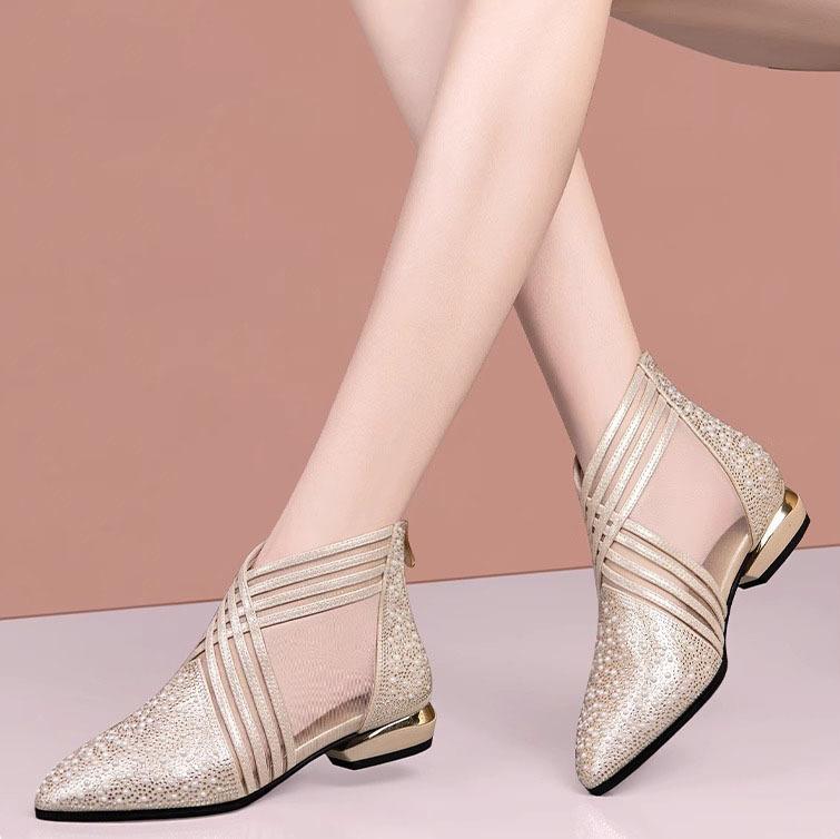 Jaro A Léto Silný Podpatek Taška Hlava Síťované Kozačky Střední Podpatek Dutá Síťovina Kamínky Perla Módní Sandály Dámské Sandály