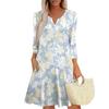 Women's Fashionable V-Neck Button Seven Part Cuff Pocket Floral Dress