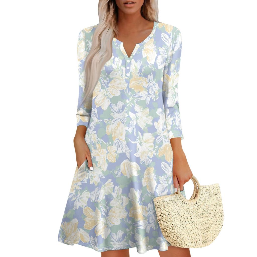 Women's Fashionable V-Neck Button Seven Part Cuff Pocket Floral Dress