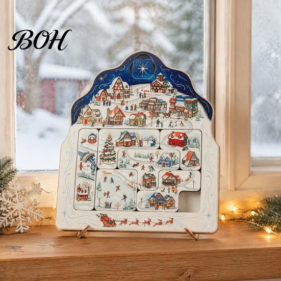 Festive Ritual Ornaments Christmas Puzzle Advent Calendar, Wooden Countdown Family Interactive Games Xmas Ornament for Home Table Mantel Decor Holiday