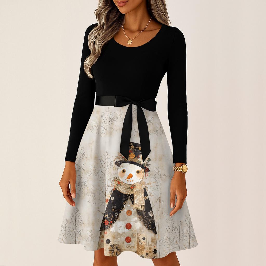 Women's Casual Fashion Round Neck Long Sleeve Christmas Printed Party Vintage Long Dresses