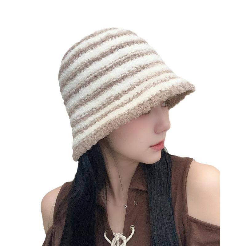 Knitted Bucket Hat for Women Autumn and Winter Korean Version Ins Face-showing Small Striped Fisherman Hat Casual Versatile Dome Wool Basin Hat