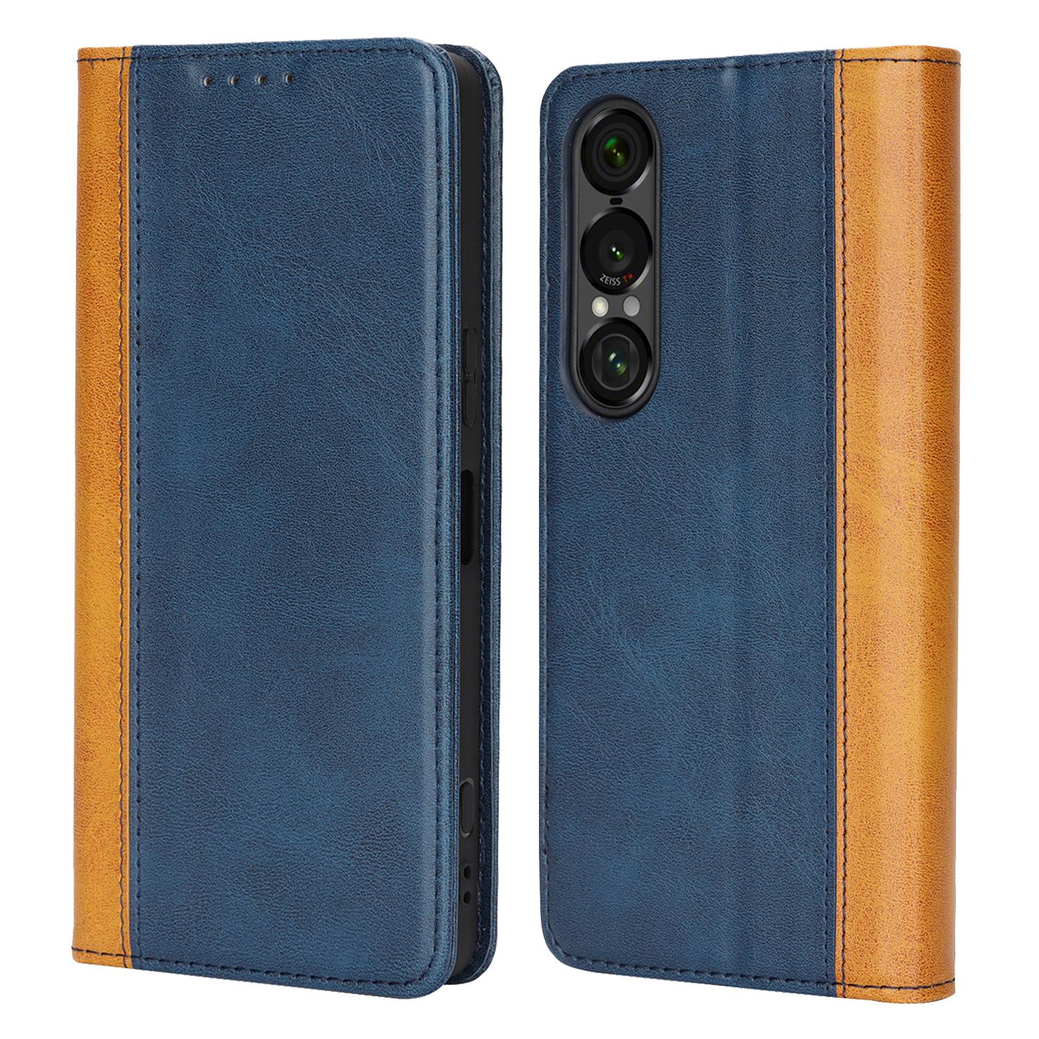 Чехол для Sony Xperia 1 VII, текстура теленка, 3 слота для карт, кожаный чехол для телефона с цветной вставкой Blue+Yellow