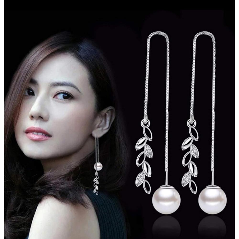 Серьги падения жемчуга серебряного цвета цепи листа имитированные длинные для женщин — фото 4