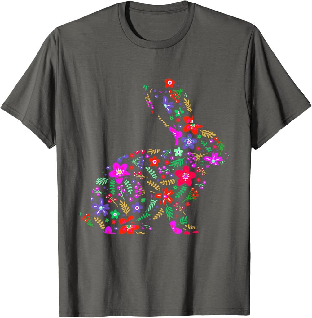 Floral Easter Bunny Rabbit Silhouette Spring Flowers Graphic T-Shirt Men Casual Trip