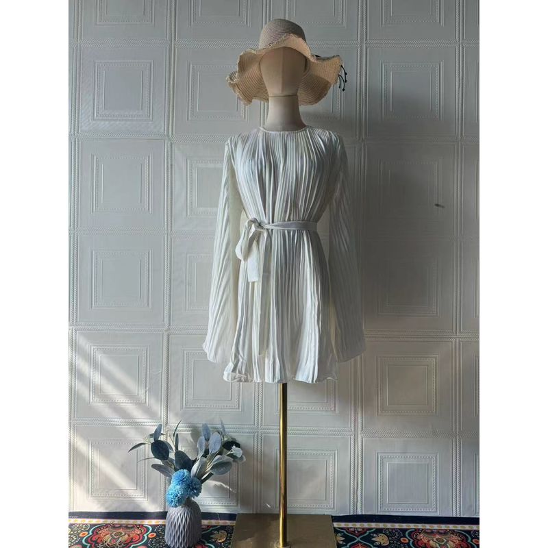 

Fashion Wind Fashion round-Neck Flared Sleeves Pleated Lace-up Waist-Tight Dress Pleated Lace up Dress White 2XL