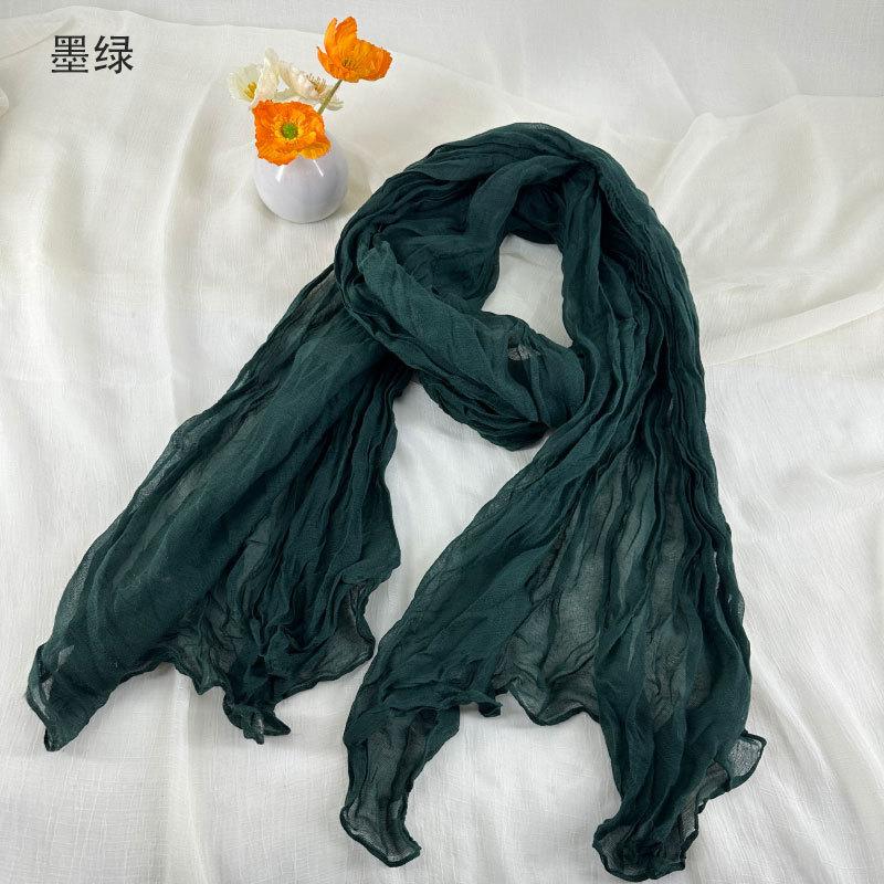 Women Soft Breathable Cotton and Linen Scarves Solid Color Pleated Scarf Retro Bohemian Style Long Wraps 180*90cm Multi Color