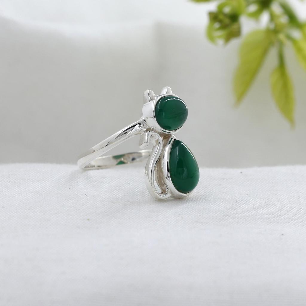 Green Onyx Silver Cat Ring, Gifts For Her, 925 Sterling Silver Handmade Jewelry, Silver Animal Jewelry, Women Ring Ar8926