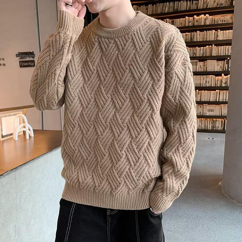 Men's Trendy Solid Color Knitted Round Neck Sweater – Autumn/Winter Long Sleeve Base Layer Casual Wear.
