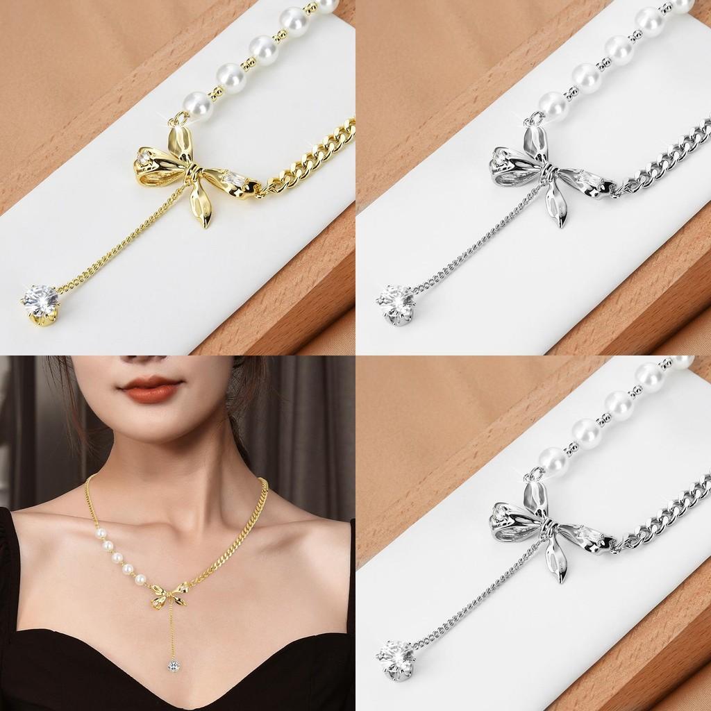 Elegant Pearl Bowknot Necklace For Women Featuring Trendy Tassel Design In Gold And Silver
