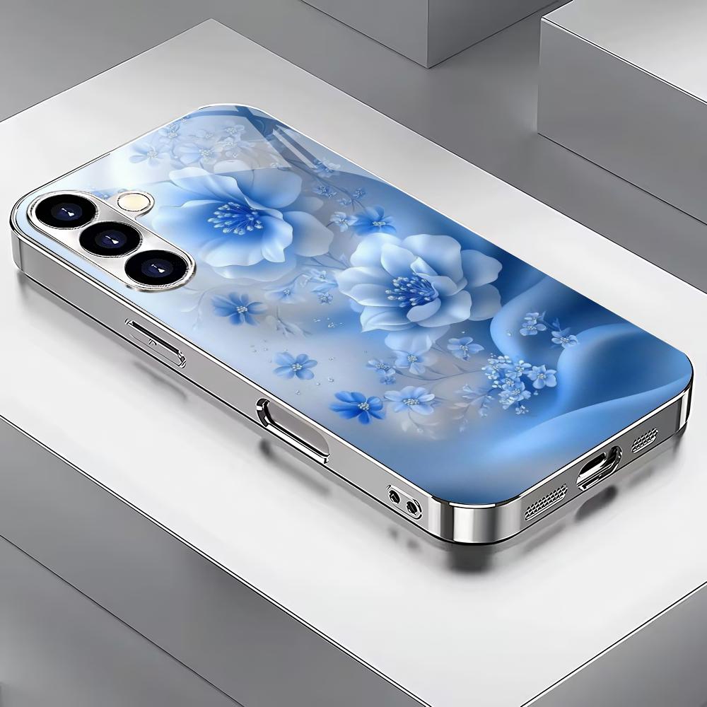 Blue flower electroplated glass phone case suitable for Samsung Galaxy S26 S25 S24 S23 S22 S20FE/Ultra/Plus anti drop back cover
