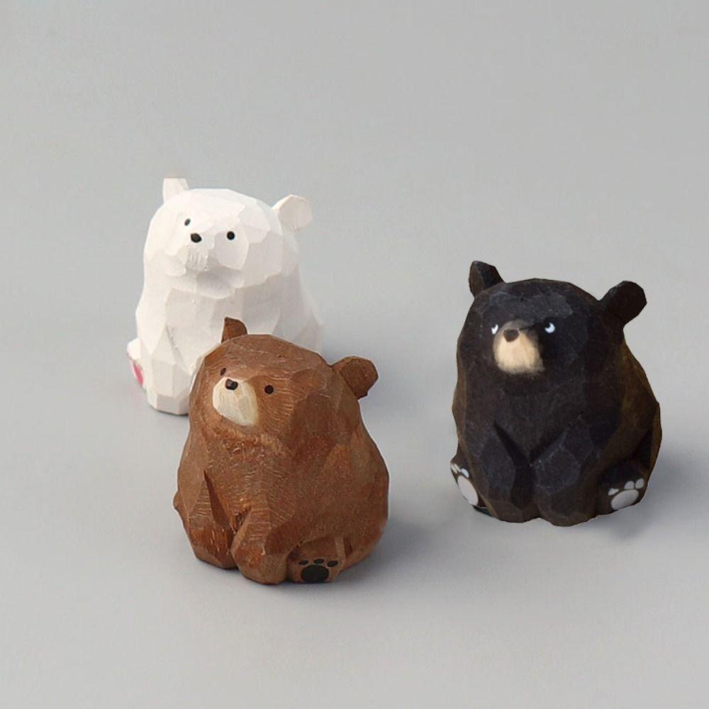 Hand Carved Wooden Bear Figurines Kids Gifts Cute Solid Wood Polar Bear Ornament Realistic Funny Mini Bear Statue Garden