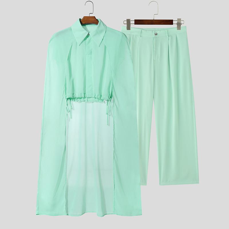 

INCERUN Men Sets Fake Two-piece Mesh Sheer Cape Shirts and Long Pants Casual Suits 2PCS XL зелений