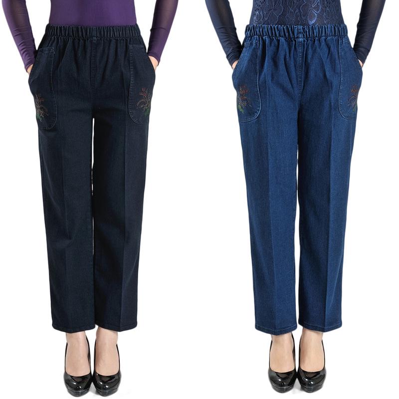 Middle-aged and Elderly Jeans Spring Straight High Waist Elastic Loose Jeans Women