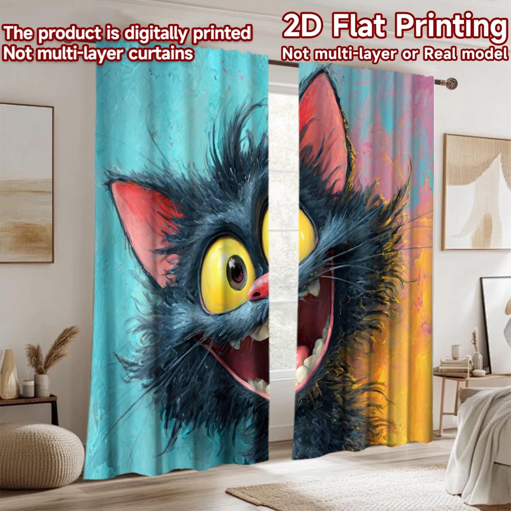 2D Flat Printing 2pcs Window Curtains Black Cat Cute Cartoon_a Digital Printed Polyester Drapes All Season Party & Holiday Decor