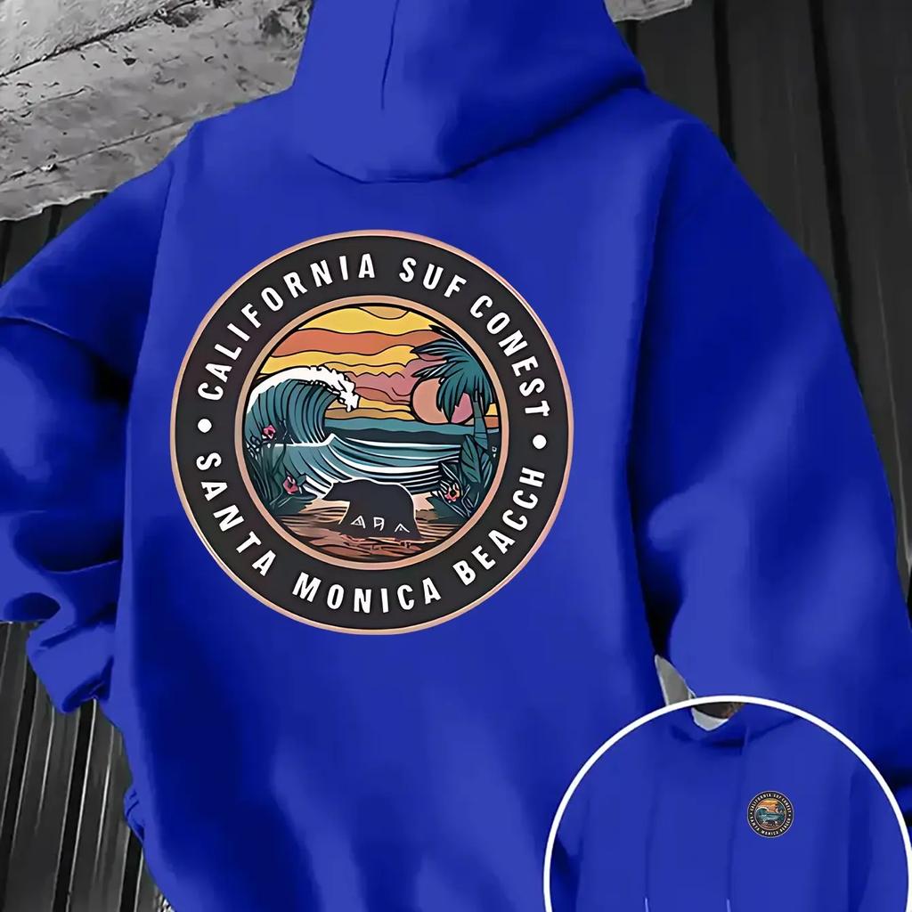 Men Oversized Casual Hoodie Santa Monica Beach California Surf Circle Badge Print Pullover Korean Vacation Sweatshirt