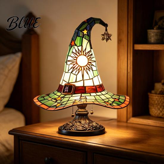 Ambient Bedside Light Stained Glass Style Witch Hat Lamp USB Powered Resin Wizard Night Soft Warm Lamp with Sun Star Gothic Halloween Table