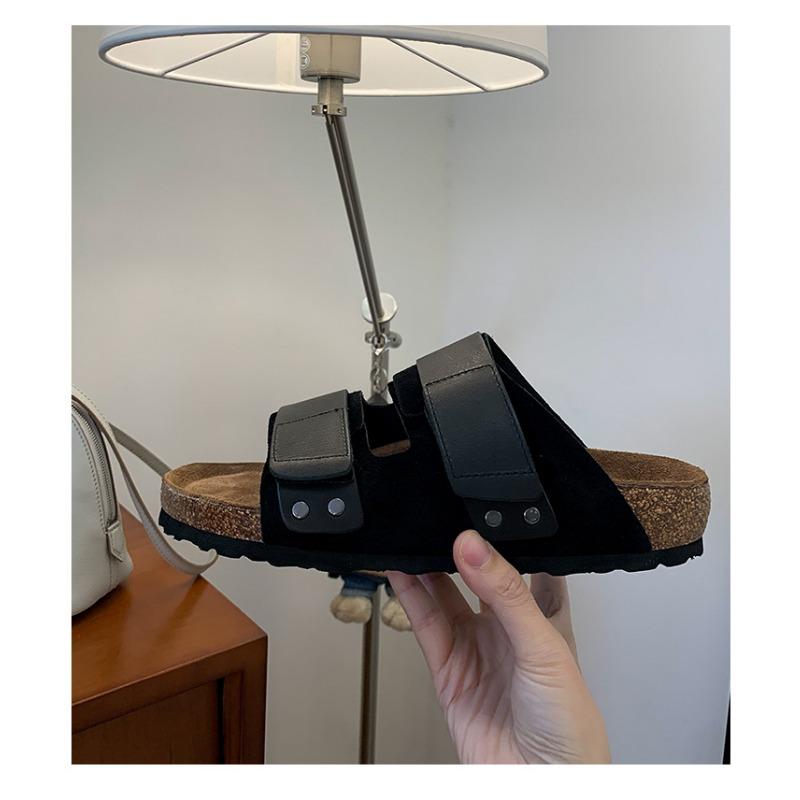 

Blogger keeps it~ thick-soled women s Velcro half slippers summer leather cork boken one-word cool slippers 40