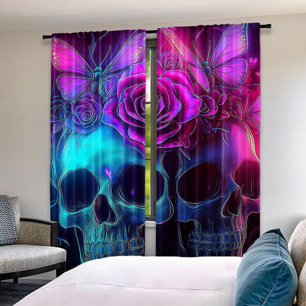 2Pcs Hippie Sugar Skull Curtains Pink Rose Floral Curtains Gothic Skeleton Happy Halloween Curtains For Living Room Dining Room