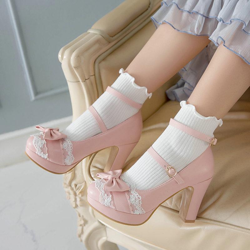 Sweet Bowknot Women's Shoes Comfort Buckle Thick High Heels Round Toe Girls Lolita Mary Jane Shoes Woman Party Wedding Shoe34-43