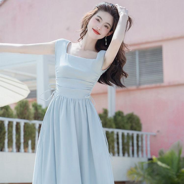 First love design dress women's summer waist drawstring splicing gentle wind waist thin temperament long skirt