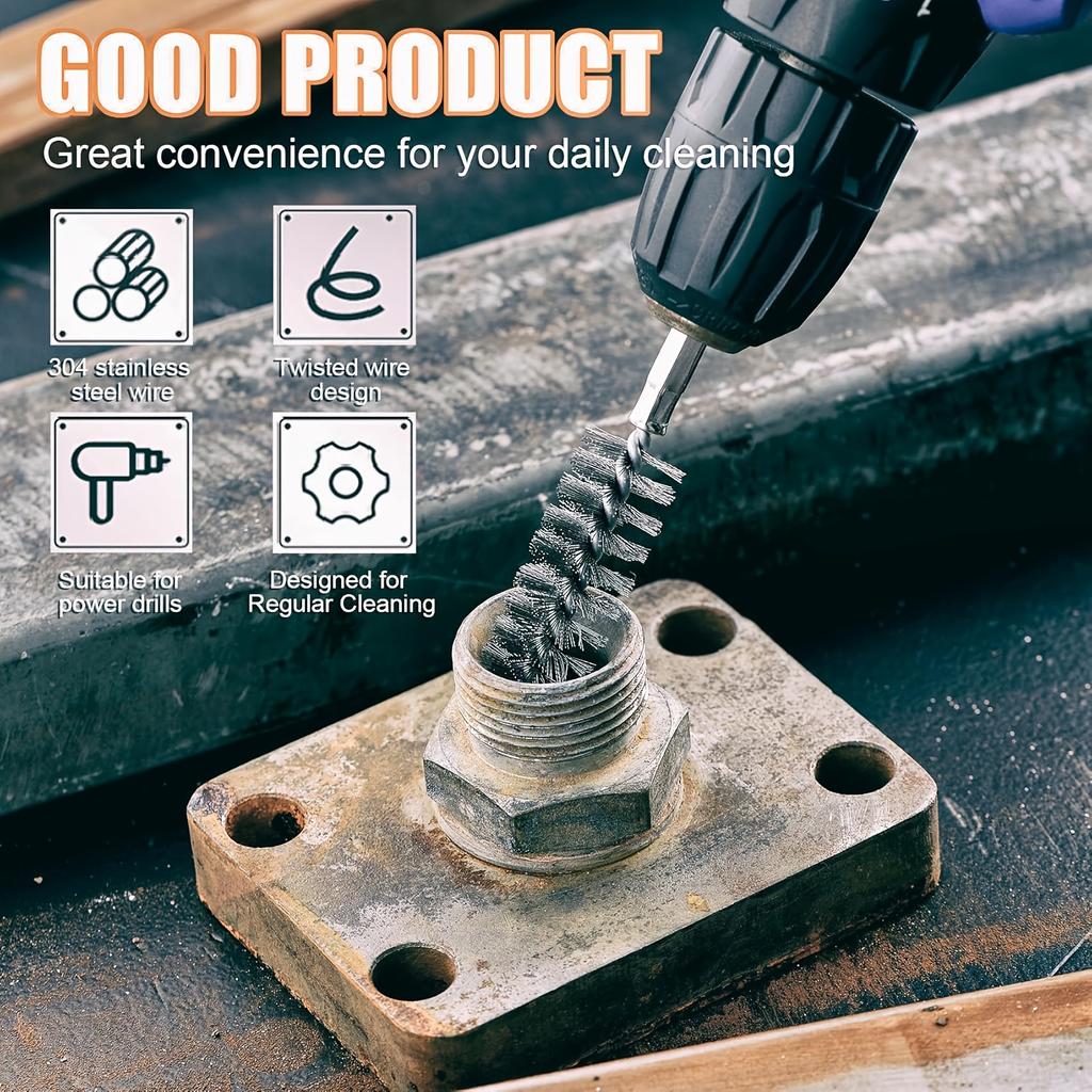 6PCS Stainless steel wire brush drilling and cleaning brush set, 1/4-inch hexagonal handle wire brush, pipe cleaning brush 8/10/12/15/17/19mm