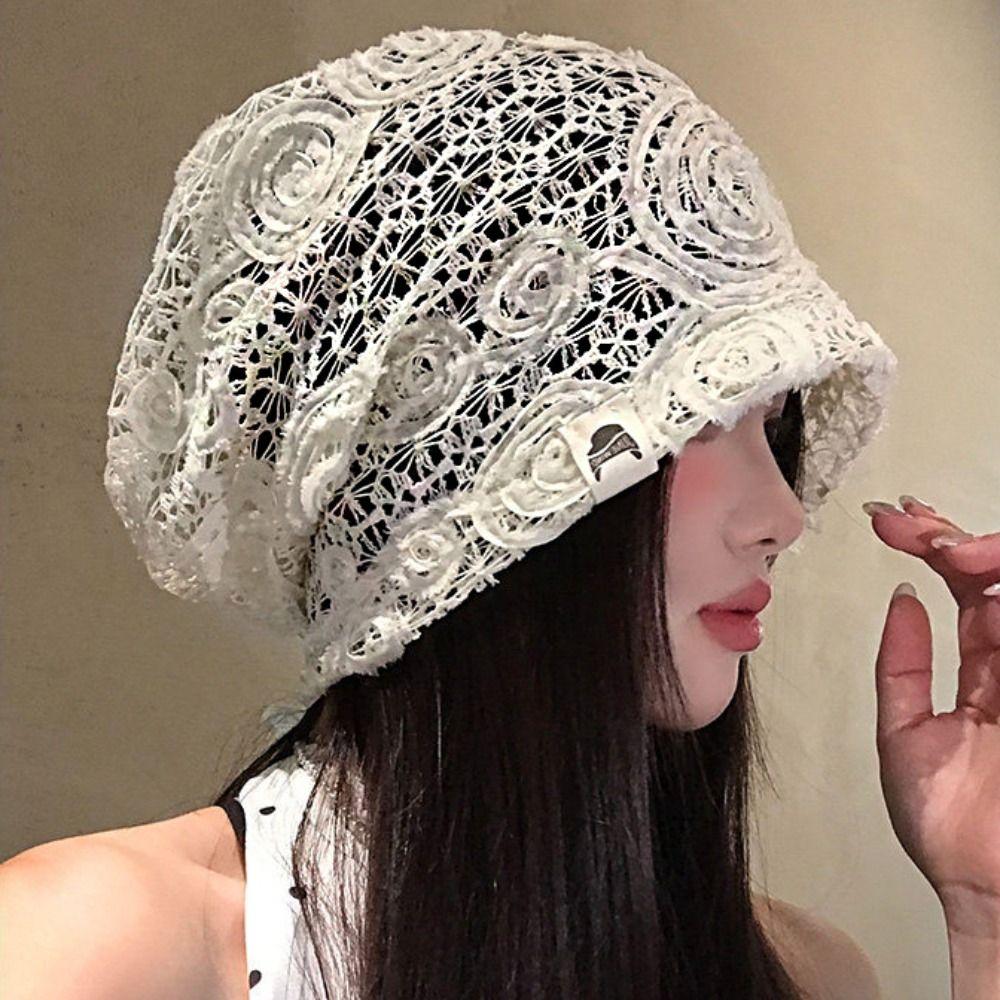 Spicy Girl Hollow Out Flower Beanies Embroidered Weave Knitted Cap Retro Lace Hat  Spring Summer