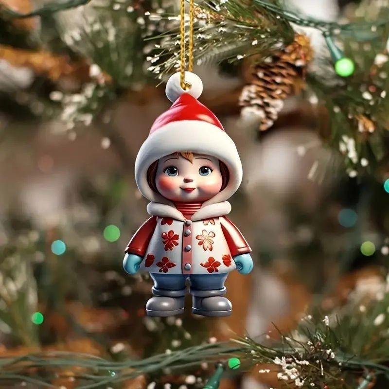 Christmas Character Pendant Acrylic Flat Pattern Santa Claus Boys and Girls Xmas Tree Hanging Car Interior Decoration Pendants