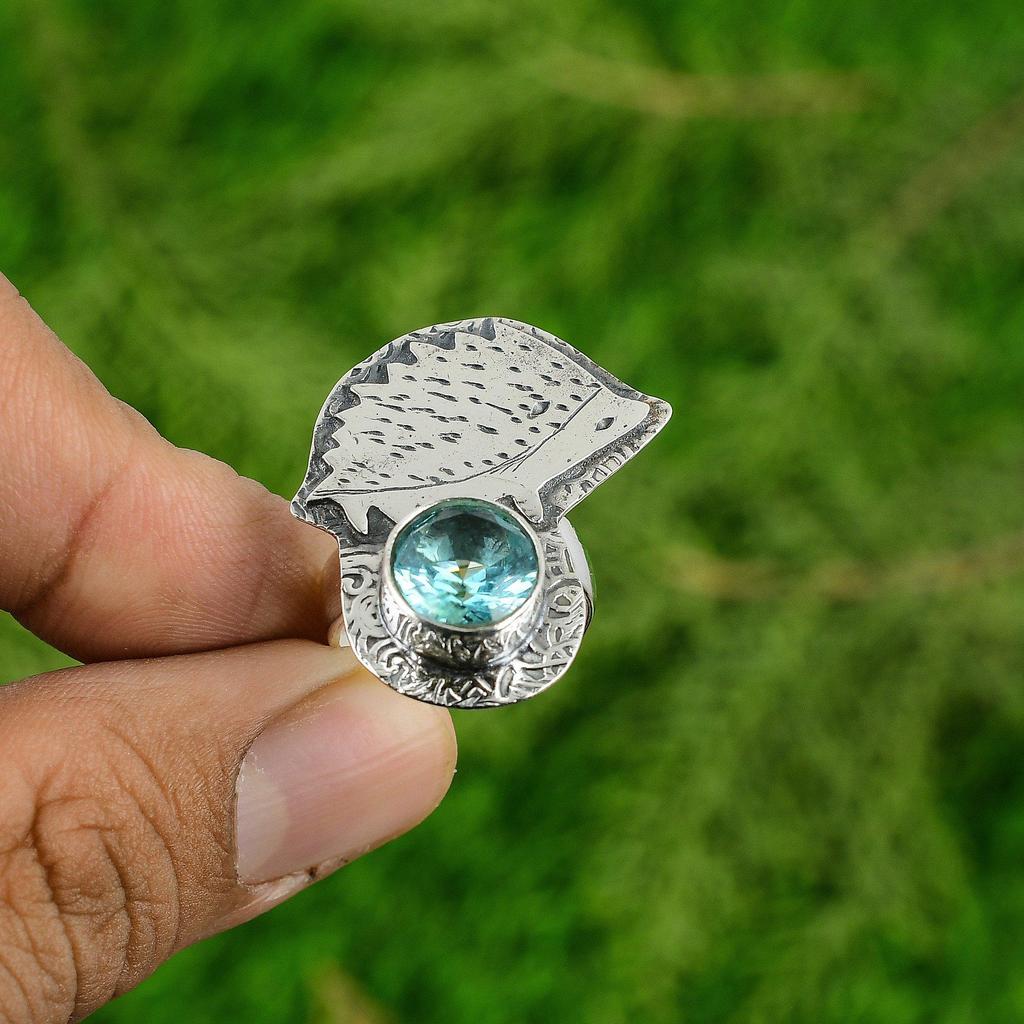 Natural Swiss Blue Topaz Gemstone Stackable Adjustable Ring 925 Silver For Girls